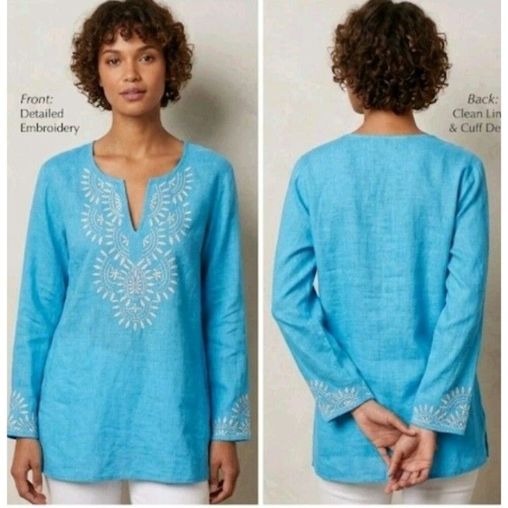 Valerie Bertinelli Blouse Size 3x Blue Linen/Rayon Long Sleeve Floral